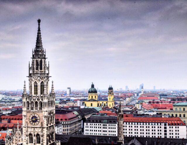 Panoramic view of Munich with the historic clock tower and old town buildings